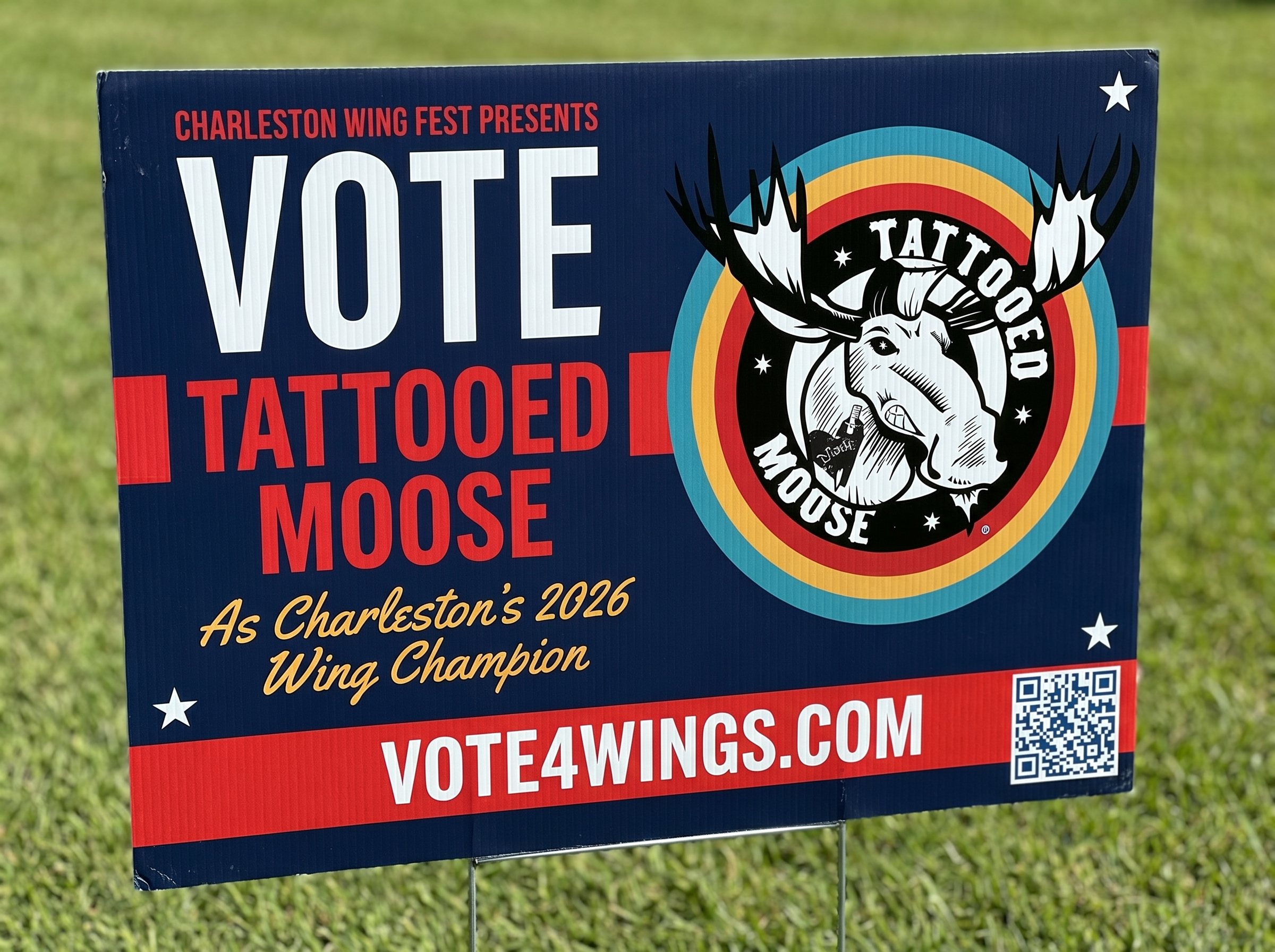 Photorealistic Tattooed Moose Vote4Wings campaign sign displayed outdoors as a printed promotional yard sign.